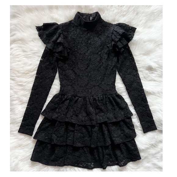 New! Caroline Constas Emily Lace Ruffle Mini Dress Long Sleeve in Black - Picture 8 of 12